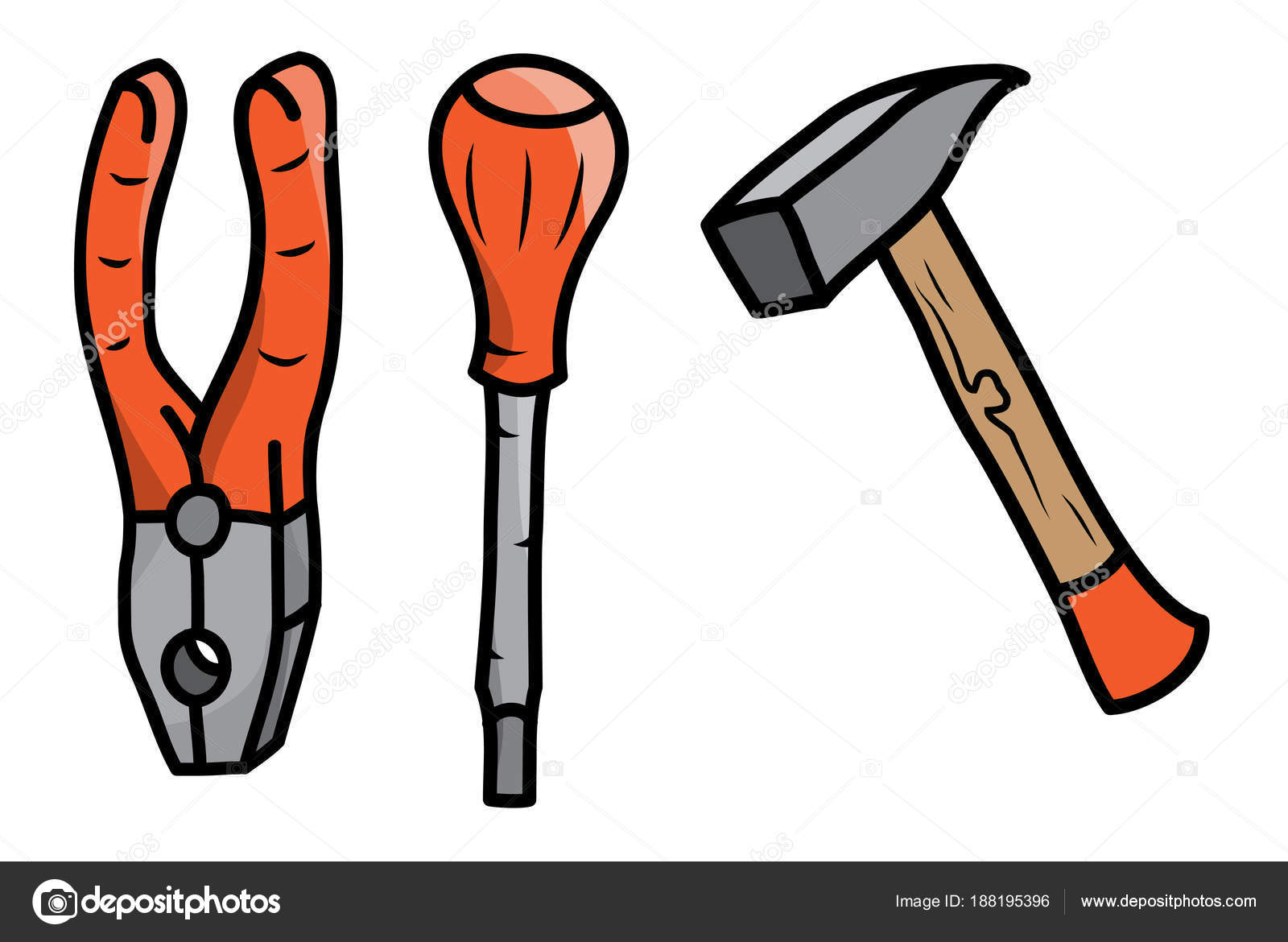 Hammer, pliers, and screwdriver, set of hand tools in cartoon style