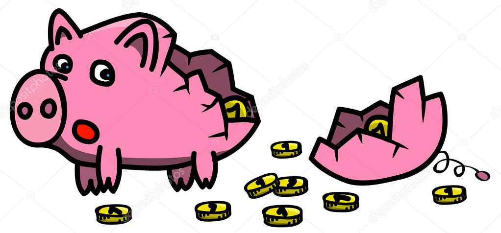 Broken pink piggybank in cartoon style filled with golden coins, scared looking at missing piece