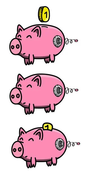 Pembe, temiz, parlak, mutlu ve şişko domuz karikatür tarzı altın sikke ve güvenli kilit tekerlek ile güvenli — Stok Vektör