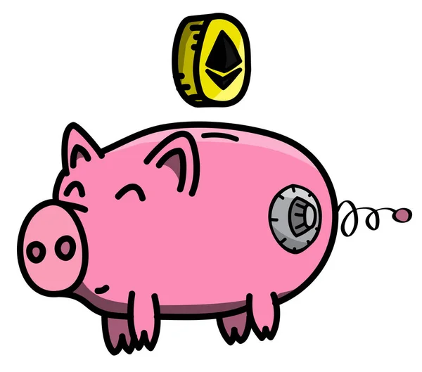 Pembe, temiz, parlak, mutlu ve şişko domuz karikatür tarzı Etherum sanal cryptocurrency para ile güvenli — Stok Vektör