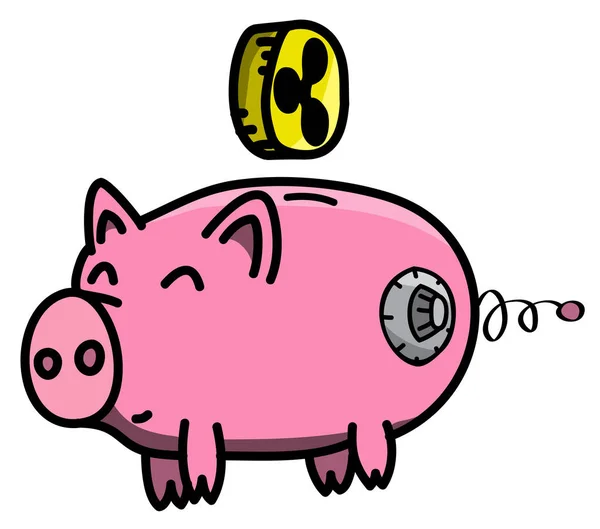Pembe, temiz, parlak, mutlu ve şişko domuz karikatür tarzı dalgalanma sanal cryptocurrency para ile güvenli — Stok Vektör