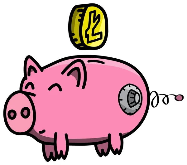 Ροζ, καθαρά, λαμπερά, ευτυχισμένη και λίπος χοίρων ασφαλή σε στυλ καρτούν με Litecoin κρυπτονόμισμα εικονικού νομίσματος — Διανυσματικό Αρχείο
