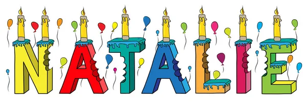 Natalie nombre femenino mordido colorido 3d letras pastel de cumpleaños con velas y globos — Vector de stock