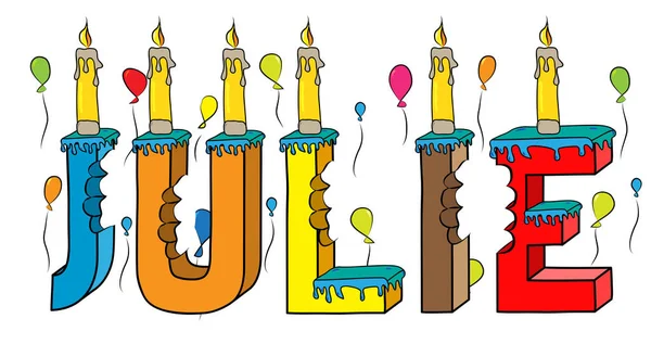 Julie femmina primo nome morso colorato 3d lettering torta di compleanno con candele e palloncini — Vettoriale Stock