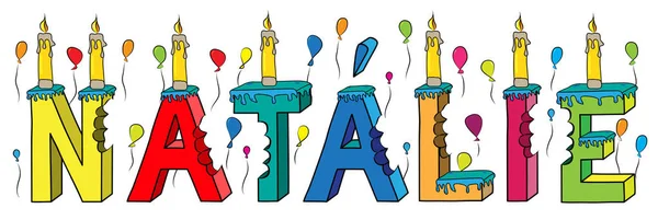 Natalie női utónév megmart színes 3d betűk születésnapi torta léggömbök és gyertyák — Stock Vector