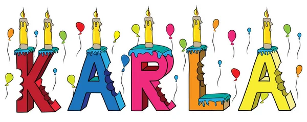 Karla hembra primer nombre mordido colorido 3d letras pastel de cumpleaños con velas y globos — Vector de stock