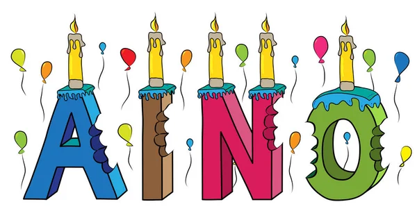 Aino femmina primo nome morso colorato 3d lettering torta di compleanno con candele e palloncini — Vettoriale Stock
