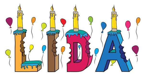 Lida női utónév megmart színes 3d betűk születésnapi torta léggömbök és gyertyák — Stock Vector