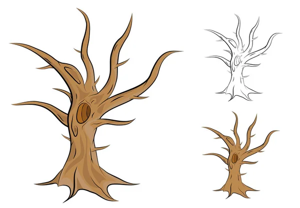 Ilustración de vectores de árboles antiguos, simples y sin hojas en contorno y versión coloreada con sombras — Archivo Imágenes Vectoriales