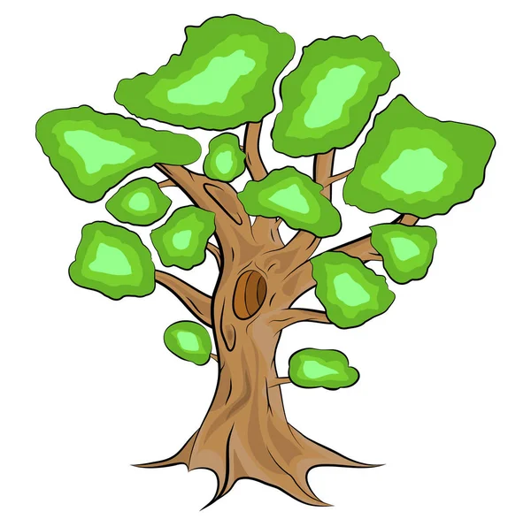 Green, één met vectorillustratie van de boom van de bladeren in de gekleurde versie met schaduwen, cartoon stijl — Stockvector