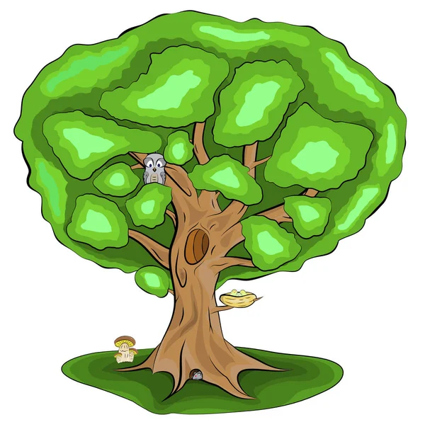 Зеленое, одиночное дерево с листьями и животными, сова, мышь, гриб, гнездо, яйца, векторная иллюстрация в цветной версии с тенями на земле, стиль мультфильма — стоковый вектор