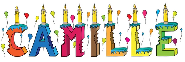 Camille feminino primeiro nome mordido colorido 3d lettering bolo de aniversário com velas e balões —  Vetores de Stock