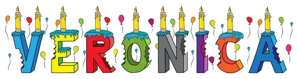 Вероника женское имя укусил красочные 3d письмо торт день рождения со свечами и воздушными шарами — стоковый вектор