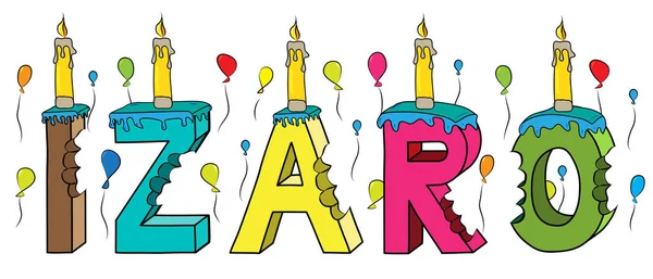 イザロかま女子名カラフルな 3 d レタリング誕生日ケーキ キャンドルと風船 — ストックベクタ