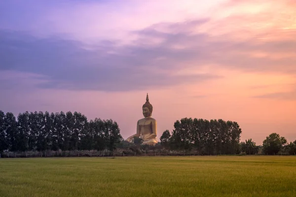 Gran estatua de buda dorada en el templo de Wat Maung —  Fotos de Stock