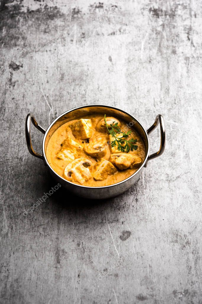 Mushroom Paneer curry or sabzi, served in a bowl. selective focus