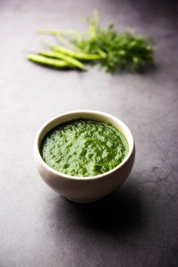 Kothimbir ya da Dhaniya Chutney Cilantro ya da acılı kişniş kullanarak bir kasede servis edilir. seçici odak