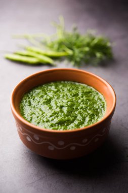 Kothimbir ya da Dhaniya Chutney Cilantro ya da acılı kişniş kullanarak bir kasede servis edilir. seçici odak