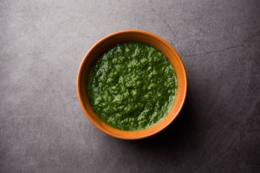 Kothimbir ya da Dhaniya Chutney Cilantro ya da acılı kişniş kullanarak bir kasede servis edilir. seçici odak