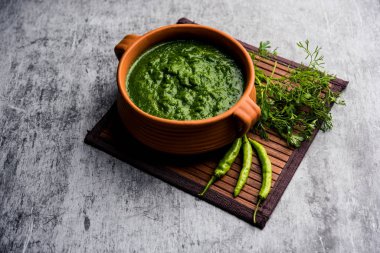 Kothimbir ya da Dhaniya Chutney Cilantro ya da acılı kişniş kullanarak bir kasede servis edilir. seçici odak