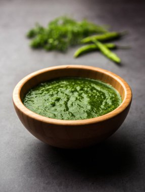 Kothimbir ya da Dhaniya Chutney Cilantro ya da acılı kişniş kullanarak bir kasede servis edilir. seçici odak