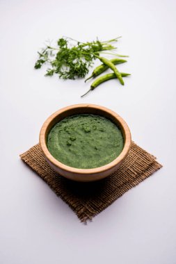 Kothimbir ya da Dhaniya Chutney Cilantro ya da acılı kişniş kullanarak bir kasede servis edilir. seçici odak