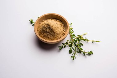 Bacopa monnieri bitkisi ya da Ayurvedic Brahmi bitkisi bir kasede toz, seçici odaklanma