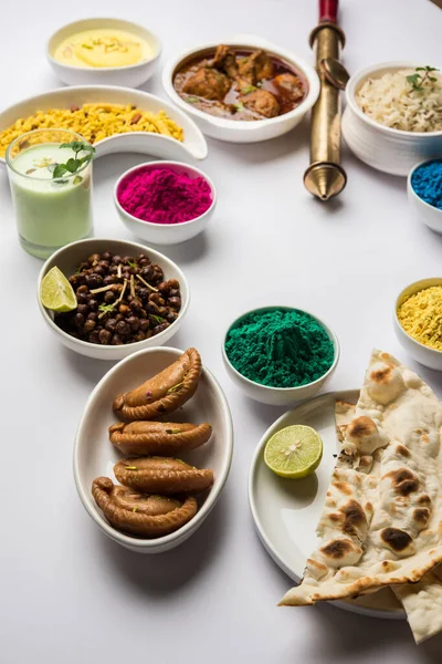 Happy Holy Concept Showing Indian Assorted Lunch Food Chicken Paneer — Stock Photo, Image