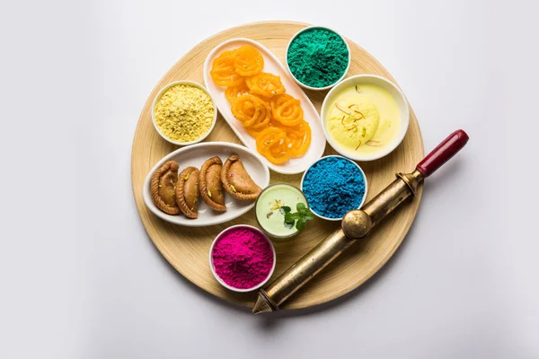 Happy Holy Concept Showing Indian Assorted Sweets Jalebi Gujiya Ras — Stock Photo, Image