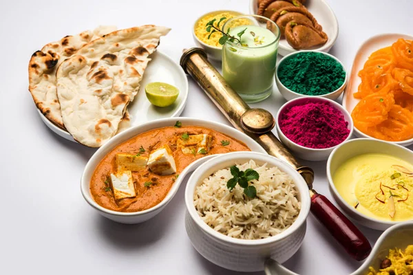 Happy Holy Concept Showing Indian Assorted Lunch Food Chicken Paneer — Φωτογραφία Αρχείου
