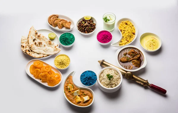 Happy Holy Concept Showing Indian Assorted Lunch Food Chicken Paneer — Φωτογραφία Αρχείου