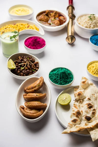 Happy Holy Concept Showing Indian Assorted Lunch Food Chicken Paneer — Stock Photo, Image