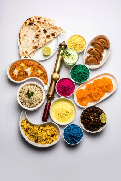 Happy Holy Concept Showing Indian Assorted Lunch Food Chicken Paneer — Stock Photo, Image