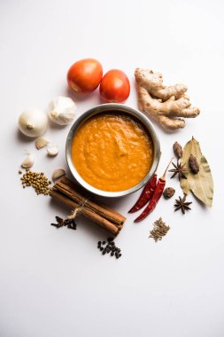 Paneer Butter Masala için Kuzey Hindistan temel köri ya da malzemelerle gösterilmiş tavuk makhanwala tarifi, bir kasede servis edilir. seçici odak
