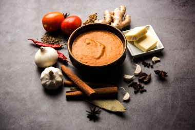 Paneer Butter Masala için Kuzey Hindistan temel köri ya da malzemelerle gösterilmiş tavuk makhanwala tarifi, bir kasede servis edilir. seçici odak