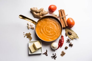 Paneer Butter Masala için Kuzey Hindistan temel köri ya da malzemelerle gösterilmiş tavuk makhanwala tarifi, bir kasede servis edilir. seçici odak