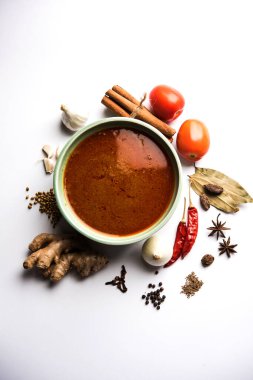 Kuzey Hindistan baharatlı köri ya da sebze, tavuk ya da malzemeyle gösterilen koyun tarifi için masala bir kasede servis edilir. seçici odak