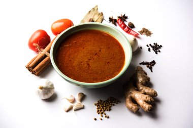 Kuzey Hindistan baharatlı köri ya da sebze, tavuk ya da malzemeyle gösterilen koyun tarifi için masala bir kasede servis edilir. seçici odak