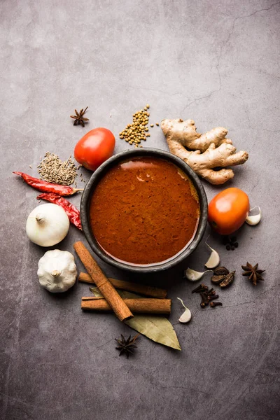 Észak Indiai Alapvető Fűszeres Curry Vagy Masala Zöldségek Vagy Csirke — Stock Fotó