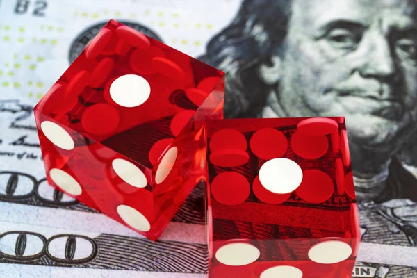 Two Red Dice Lying Side Side Blurry Banknotes Portrait Benjamin — Stock Photo, Image