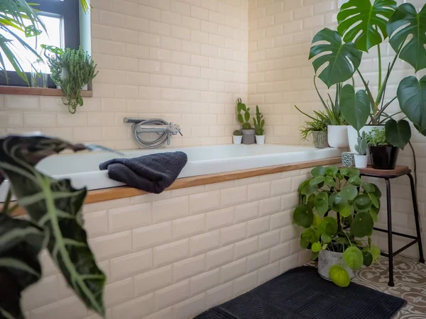 Pequeño cuarto de baño con azulejos del metro y una gran variedad de plantas en maceta verde creando un oasis verde — Foto de Stock