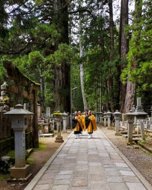 KOYASAN, JAPAN - May 2019: Monks walking on the 2 km long path with ancient tombs in the Okunoin cemetery towards the mausoleum of Kobo Daishi