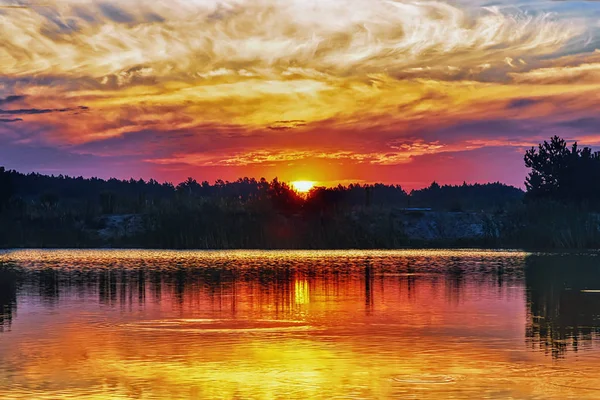 Sonnenuntergang Über Dem Seeufer Bäume Und Wolken Spiegeln Sich Wasser — Stockfoto