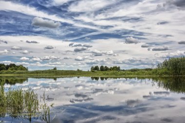 Üstündeki bulutlar ile nehir banka, mavi gökyüzü güneşli gün.