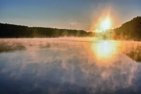 Sonnenaufgang Über Dem See Dichter Nebel Baumsilhouetten Den Strahlen Der — Stockfoto