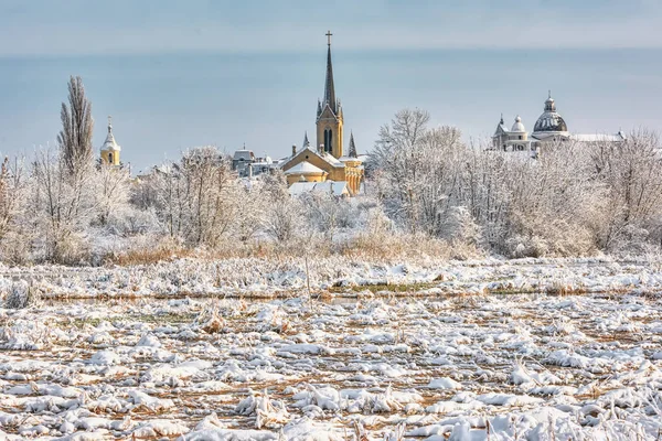 Pejzaż Zimowy Kościoły Świątynie Brzegu Rzeki Łuck Ukraina — Zdjęcie stockowe