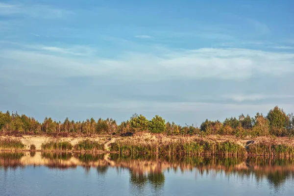 Вечерний Пейзаж Пруд Лес Берегу Голубое Небо Облаками — стоковое фото