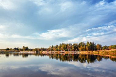 Plajlı, ağaçlı, ağaçlı ve suya yansıyan bulutlu mavi gökyüzü..