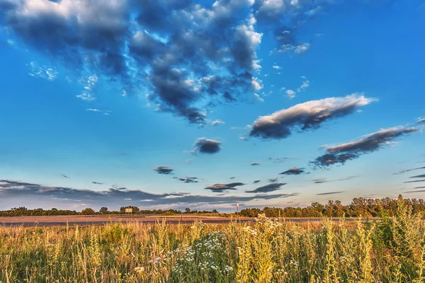 Sunset Meadows Field Highway Clouds Blue Sky — Stock Photo, Image