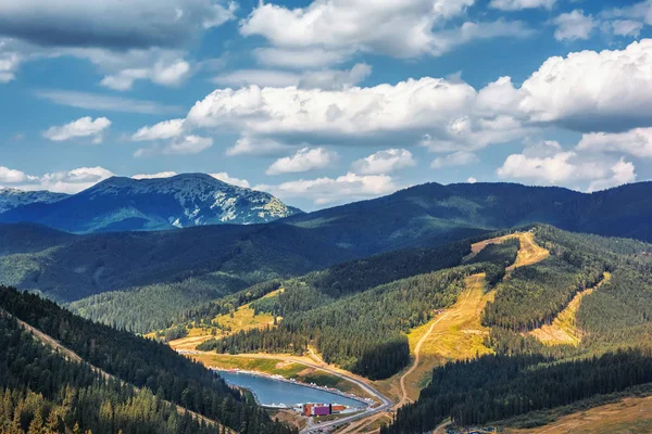 Mountains Forests Sky Clouds Lake Beach Valley Bukovel City Ukraine — Stock Photo, Image